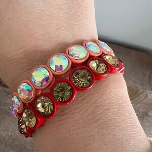 New Multicolor iridescent large rhinestone stretch bracelets - coral and red